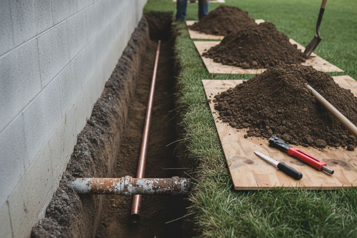 Excavated water line trench during Water Heater Repair in Silverlake